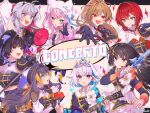  6+girls :d ange_katrina apple ayuko_ammobium beret black_hair blonde_hair blue_eyes blush brown_hair capelet cutting_hair cutting_own_hair food fruit furen_e_lustario green_eyes grey_eyes grey_hair grin guitar hat heterochromia high_ponytail highres holding holding_food holding_fruit holding_guitar holding_instrument holding_microphone holding_microphone_stand holding_plectrum holding_sword holding_weapon instrument ishigami_nozomi lize_helesta long_hair looking_at_viewer meloco_kyoran microphone microphone_stand midriff multicolored_hair multiple_girls nijisanji nijisanji_en nijisanji_idol_uniform nijisanji_kr official_alternate_costume parted_lips petra_gurin pink_hair plectrum ponytail purple_eyes purple_hair reaching reaching_towards_viewer red_eyes red_hair short_hair smile sparkle streaked_hair sweat sword tiara tsukino_mito virtual_youtuber waving weapon yang_nari 