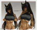  ... 1girl absurdres alternate_costume animal_ears arm_at_side blue_eyes border breasts brown_hair closed_mouth clothes_lift crop_top dark-skinned_female dark_skin english_text finger_to_mouth gem hair_between_eyes hair_ornament half-closed_eyes hand_up high_ponytail highres horse_ears index_finger_raised indoors jewelry large_breasts lemonluke101 lifting_own_clothes long_hair looking_at_viewer mixed-language_commentary multiple_views navel panty_straps parted_lips patreon_username pendant pixiv_username pointy_ears ponytail ribs shushing split_ponytail spoken_ellipsis stomach strap_pull symboli_kris_s_(umamusume) toned toned_female twitter_username umamusume upper_body very_long_hair white_border 