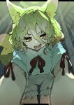  1girl absurdres animal_ear_fluff animal_ears blonde_hair blush brown_ribbon commentary_request fox_ears fox_girl fox_tail hair_between_eyes highres kudamaki_tsukasa kuromaru_ira letterboxed looking_at_viewer medium_hair neck_ribbon open_mouth ribbon romper short_sleeves smile solo tail touhou white_romper yellow_eyes 
