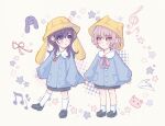  1girl 1other aged_down akiyama_mizuki animal_ear_headwear apple_print asahina_mafuyu beamed_eighth_notes black_shoes black_skirt blue_shirt blush buttons child clothes_grab commentary dot_nose eighth_note food_print fruit_print full_body grabbing_another's_shirt hat hejiu_un highres kindergarten_uniform kneehighs long_hair long_sleeves looking_at_another looking_back musical_note neck_ribbon parted_lips pink_eyes pink_hair pink_ribbon project_sekai purple_eyes purple_hair ribbon school_hat shirt shoes short_hair skirt sleeves_past_wrists smock socks star_(symbol) treble_clef turning_head yellow_hat 