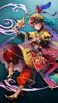 1boy aqua_background arabian_clothes black_hair black_shirt black_shoes blue_eyes bridal_gauntlets chaos_aladdin_(grimms_notes) earrings game_asset gradient_clothes grimms_notes grin hat_feather holding jewelry knife knife_sheath kyoka_hatori male_focus non-web_source official_art oil_lamp pants pointy_shoes puffy_pants red_pants ring sash shawl sheath shirt shoes short_hair smile solo teeth turban uneven_eyes waist_cape weapon 