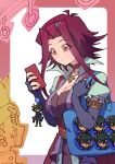  1girl 2boys absurdres biker_clothes black_hair brown_eyes choker corset curtained_hair elbow_gloves fudo_yusei gloves highres izayoi_aki jewelry multicolored_hair multiple_boys necklace red_choker red_corset short_hair_with_long_locks spiked_hair stuffed_toy youko-shima yu-gi-oh! yu-gi-oh!_5d's 