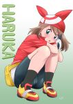  1girl bandana bike_shorts blue_eyes blush breasts brown_hair cameltoe commentary_request english_text full_body gloves gradient_background green_background highres looking_at_viewer may_(pokemon) medium_hair pokemon pokemon_(anime) red_bandana red_shirt shirt short_sleeves shorts solo squatting suika_blue thighs white_background 