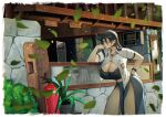  1girl adapted_costume black_hair black_shirt bra breasts commentary dated fire_extinguisher grey_skirt highres huge_breasts indonesian_commentary indonesian_high_school_uniform jewelry mole mole_on_breast necklace original outdoors pelvic_curtain plant potted_plant purple_bra school_uniform shirt skirt solo thighs thinking underwear white_shirt zaenathi 