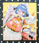  1girl :d ;d ahoge alternate_costume apron blue_hair blue_skin blush breasts chinese_clothes cleavage cleavage_cutout clothing_cutout colored_skin commentary_request darkstalkers detached_sleeves dress enmaided flipped_hair food frills holding holding_tray hsien-ko ice_cream jiangshi large_breasts looking_at_viewer maid maid_apron maid_headdress marker_(medium) mei-ling_(darkstalkers) misodiru ofuda one_eye_closed open_mouth parfait purple_skin red_eyes shikishi short_hair smile solo teeth traditional_media tray upper_teeth_only waist_apron waitress waving white_apron wide_sleeves yellow_background 
