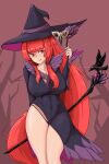 1girl absurdres bird black_dress breasts cleavage colorized crow dress hat highres large_breasts last_origin long_hair looking_at_viewer mask navel nipples panties red_eyes red_hair staff t-3_leprechaun taphris thighs tongue tongue_out underwear witch witch_hat 