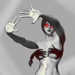  1girl breasts convenient_censoring coralielmbr from_below glasses greyscale hand_shadow_covering_breasts_(meme) highres implied_nudity lara_croft looking_at_viewer meme monochrome shadow shadow_censor simple_background solo tomb_raider topless_female 