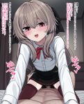  1boy 1girl black_skirt brown_hair clothed_sex commentary_request cowgirl_position hetero highres indoors long_hair looking_at_viewer open_mouth original penis pov red_eyes school_uniform sex shirt skirt solo_focus straddling thighhighs translation_request white_shirt yakob_labo 