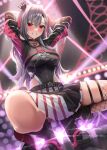  1girl :d absurdres amane_sora arms_behind_head arms_up belt black_boots black_crown black_leotard black_shrug boots breasts clothing_cutout commentary_request concert crown crown_hair_ornament double-parted_bangs fishnet_thighhighs fishnets grey_hair grin hair_ornament hair_ribbon highres hololive hololive_dev_is isaki_riona isaki_riona_(flowglow_uniform) leotard leotard_under_clothes long_hair looking_at_viewer medium_breasts mini_crown miniskirt multicolored_shrug official_alternate_costume pink_shrug pleated_skirt red_eyes ribbon shoulder_cutout shrug_(clothing) sidelocks single_thighhigh skirt smile solo squatting studded_belt thigh_strap thighhighs tilted_headwear tiptoes two-tone_shrug two_side_up virtual_youtuber white_skirt 