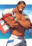  1boy anime_coloring arm_ribbon beard biceps black_eyes bright_pupils brown_hair buttons closed_mouth collared_shirt commentary crossed_arms dark-skinned_male dark_skin facial_hair frown full_body highres looking_to_the_side male_focus murdock_(pokemon) muscular muscular_male one_eye_closed open_clothes open_shirt pocket pokemon pokemon_(anime) pokemon_horizons red_ribbon ribbon rovrov shirt shoes short_hair short_sleeves shorts simple_background smile solo standing teeth transparent_background twitter_username two-tone_eyebrows upper_body watch white_pupils white_shorts wristwatch 