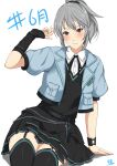  1girl absurdres arm_at_side artist_name assault_lily belt belt_buckle black_belt black_ribbon black_shirt black_skirt black_thighhighs blue_jacket blush breast_pocket buckle collared_shirt commentary_request cowboy_shot detached_sleeves garter_straps hair_belt hand_up hashtag hata_matsuri high_ponytail highres jacket jewelry june leaning_to_the_side looking_at_viewer miniskirt neck_ribbon official_alternate_costume official_alternate_hairstyle open_clothes open_jacket parted_lips pleated_skirt pocket ponytail puffy_short_sleeves puffy_sleeves purple_eyes ribbon ring senri_(senri03151221) shirt short_hair short_sleeves simple_background single_detached_sleeve sitting skirt sleeves_past_wrists solo thighhighs translated white_background white_shirt wristband 