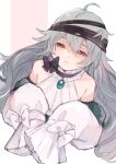  1girl aaoshigatoutoi absurdres ahoge bare_shoulders bow brown_eyes g11_(girls_frontline) girls_frontline green_eyes grey_hair hair_between_eyes highres long_hair long_sleeves looking_at_viewer off_shoulder official_alternate_costume sleeves_past_wrists solo 