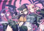  2girls :p absurdres alternate_costume animal_hat arm_warmers asu_(sinsekai) bat_wings belt belt_collar bema_(sinsekai) black_jacket black_nails black_thighhighs breasts brown_hair camisole cat_hat chain collar commentary_request crop_top fishnet_top fishnets gradient_hair green_eyes grey_eyes grey_nails hat heart heart_hands heterochromia highres jacket kamitsubaki_studio kitou_saji large_breasts lavie lavie_(vocaloid) layered_skirt leg_warmers long_sleeves medium_breasts miniskirt multicolored_hair multiple_girls orange_nails pencil_skirt pink_hair pixel_heart pom_pom_(clothes) shirt short_sleeves sinsekai_record skirt spaghetti_strap thighhighs tongue tongue_out turtleneck turtleneck_shirt white_belt white_hair wings 