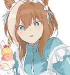  1girl animal_ears apron blue_eyes blue_track_suit blush bright_pupils brown_hair cherry cheval_grand_(umamusume) cinnamon_stick embarrassed food frills fruit hair_between_eyes holding holding_food holding_ice_cream horse_ears horse_girl ice_cream jacket looking_at_viewer maid maid_apron maid_headdress medium_hair multicolored_hair raised_eyebrows shidayo7 simple_background solo streaked_hair sweatdrop track_suit two-tone_hair umamusume unconventional_maid white_background white_pupils white_streaks zipper 
