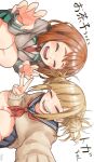  2girls artist_name blonde_hair blue_sailor_collar blue_skirt blush boku_no_hero_academia brown_hair cardigan claw_pose closed_eyes collared_shirt commentary_request double_bun facing_viewer fingernails green_skirt grey_jacket hair_bun happy highres jacket long_fingernails medium_hair multiple_girls neckerchief necktie open_mouth pleated_skirt red_neckerchief red_necktie sailor_collar school_uniform serafuku shirt sideways simple_background skirt squatting teeth toga_himiko translation_request uraraka_ochaco v white_background white_cardigan white_shirt wispy_bangs yanmyhony 