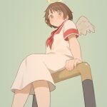 1girl angel angel_wings arm_support blush brown_eyes brown_hair commentary_request dress expressionless feathered_wings feet_out_of_frame from_below green_background haibane_renmei halo looking_at_viewer milktea_(gggrrr2000) neckerchief on_railing railing rakka_(haibane_renmei) red_neckerchief red_sailor_collar sailor_collar sailor_dress short_hair short_sleeves sidelocks simple_background sitting solo traditional_halo white_dress wings 