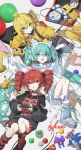  ahoge akita_neru alternate_costume aqua_eyes aqua_hair ball black_hoodie black_shorts blonde_hair cellphone chinese_commentary commentary_request controller doraemon_(character) drill_hair game_controller hair_between_eyes hatsune_miku hello_kitty_(character) highres holding holding_controller holding_game_controller holding_stick hood hoodie kasane_teto kieed long_hair looking_at_viewer lying open_mouth phone pikachu red_eyes red_hair selfie_stick shorts side_ponytail smartphone smile sonic_the_hedgehog stick twin_drills twintails utau vocaloid white_hoodie white_shorts yellow_eyes yellow_hoodie 