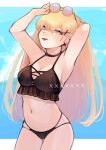  1girl aaoshigatoutoi absurdres alternate_costume armpits arms_up blonde_hair breasts cleavage earrings eyewear_on_head girls_frontline hair_ornament hairclip halterneck highres jewelry licking_lips long_hair looking_at_viewer medium_breasts navel ppk_(girls_frontline) sky solo sunglasses swimsuit tongue tongue_out yellow_eyes 