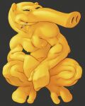  anthro black_eyes crotch_covered crouching hi_res long_snout male mascot musclegut muscular muscular_arms muscular_legs muscular_male narrowed_eyes pecs quasimoto ravuer simple_background small_ears small_nipples smile smoking snout solo unknown_species yellow_body yellow_skin 