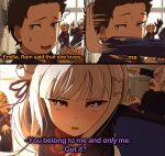  2boys 2girls absurdres black_hair brown_eyes capella_emerada_lugnica emilia_(re:zero) english_text glaring highres jealous kabedon mayngomay middle_finger multiple_boys multiple_girls natsuki_subaru nervous_smile purple_eyes re:zero_kara_hajimeru_isekai_seikatsu regulus_corneas school_uniform smile white_hair 