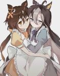  2girls ahoge alternate_costume animal_ears apron arm_on_another's_shoulder arms_around_another's_waist blue_eyes blush_stickers bow brown_eyes brown_hair closed_mouth colored_inner_animal_ears colored_inner_hair dot_mouth dream_journey_(umamusume) ear_ornament frills grey_hair hair_between_eyes hair_ribbon highres horse_ears horse_girl horse_tail hug jitome juliet_sleeves large_bow long_hair long_sleeves looking_at_viewer low_ponytail maid maid_apron monocle monocle_chain multicolored_hair multiple_girls orange_ribbon ponytail puffy_short_sleeves puffy_sleeves ribbon shidayo7 short_sleeves simple_background single_blush_sticker single_hair_intake stay_gold_(umamusume) streaked_hair tail umamusume very_long_hair white_bow white_streaks 