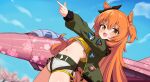  1girl aircraft airplane animal_ears belt blue_sky blush bomber_jacket cherry_blossom_print commentary crop_top day ear_ribbon fighter_jet floral_print green_belt green_jacket highres horse_ears horse_girl horse_tail jacket long_hair long_sleeves looking_at_viewer mayano_top_gun_(scramble_zone)_(umamusume) mayano_top_gun_(umamusume) midriff military_vehicle nakoni_(solalalala) navel open_mouth orange_eyes orange_hair orange_tail short_shorts shorts sky smile solo tail tank_top thighs two_side_up umamusume white_shorts yellow_tank_top 