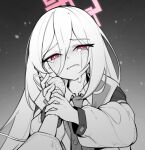  1boy 1girl blue_archive commentary crying crying_with_eyes_open greyscale halo highres kei_(blue_archive) kei_(student)_(blue_archive) long_hair looking_at_viewer monochrome nezumin pink_eyes pink_halo pov pov_hands school_uniform sensei_(blue_archive) solo_focus spot_color tears 