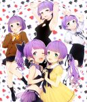 1boy ahoge aqua_eyes armpits bad_link black_dress blue_eyes bob_cut bpa_(bpa_echichi) collar_dress collar_shirt dress green_eyes hair_ribbon hand_grab highres holding_hands indie_virtual_youtuber miniskirt mochi_hiyoko mochipro multiple_girls ponytail purple_hair ribbon shirt skirt sleeveless sleeveless_dress sleeveless_shirt tareme thighhighs twintails virtual_youtuber yellow_dress 