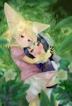  2girls @_@ absurdres animal_ear_fluff animal_ears black_hair blonde_hair blurry blurry_foreground blush bow bowtie brown_eyes closed_mouth commentary_request common_raccoon_(kemono_friends) dappled_sunlight day elbow_gloves extra_ears fennec_(kemono_friends) fox_ears fox_girl fox_tail fur_collar gloves grass grey_hair hands_on_another's_head head_hug head_on_chest highres holding_hands hug interlocked_fingers kemono_friends light_smile long_hair lying lying_on_person multicolored_hair multiple_girls nervous nose_blush on_back on_ground on_side open_mouth outdoors pleated_skirt short_sleeves sideways skirt sunlight sweater tail thighhighs tosamiubi two-tone_hair wavy_eyes wavy_mouth yellow_eyes yuri 