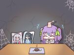  1girl :d ^_^ aris_(blue_archive) birthday birthday_cake black_bow black_hair black_hairband blue_archive blue_halo blue_necktie body_pillow bow cake candle chibi closed_eyes commentary_request crack cracked_wall dakimakura_(object) double-parted_bangs food green_ribbon hair_between_eyes hair_ornament hair_ribbon hairband hairclip half_updo halo hat highres jacket kei_(blue_archive) kei_(student)_(blue_archive) korean_commentary lonely long_hair long_hair_between_eyes mensiah multicolored_jacket necktie open_mouth original party_hat pillow pink_eyes pink_halo purple_hair rectangular_halo ribbon ringed_eyes shirt silk smile solo spider_web two-tone_jacket two_side_up white_hair white_shirt 