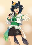  1girl absurdres animal_ears black_shorts breasts character_name commentary_request cowboy_shot ears_through_headwear fujiya_ponisuke gloves green_eyes green_hair green_vest hat highres holding holding_microphone horse_ears horse_girl horse_tail jacket kiseki_(miracle_author)_(umamusume) kiseki_(umamusume) looking_at_viewer microphone multicolored_hair open_clothes open_jacket open_mouth reaching reaching_towards_viewer shirt short_hair shorts simple_background smile solo streaked_hair tail teeth umamusume upper_body upper_teeth_only vest white_gloves white_jacket white_shirt white_streaks yellow_hat 
