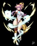  1girl 2024 absurdres aura black_background blonde_hair blue_eyes bodysuit boots breasts closed_mouth commentary_request covered_navel dated duel_masters elbow_gloves flower gloves gold_trim hair_flower hair_ornament high_ponytail highres impossible_bodysuit impossible_clothes impossible_leotard large_breasts leotard long_hair multicolored_eyes multicolored_hair pink_eyes pink_hair ponytail rafululu_love_(duel_masters) sidelocks signature skin_tight solo tachi-e taimanin_suit thigh_boots thighhighs wato_(watto1005) white_gloves white_leotard 