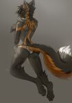  2023 anthro black_hair black_nose black_pawpads butt canid canine cheek_tuft claws clothed clothing colored cross_fox digital_drawing_(artwork) digital_media_(artwork) eyebrows facial_tuft fluffyw0lf fox full-length_portrait fur grey_body grey_claws grey_fur hair hand_on_shoulder hi_res inner_ear_fluff looking_at_viewer looking_back looking_back_at_viewer male mammal markings multicolored_body multicolored_fur orange_eyes orange_markings pawpads paws portrait raised_eyebrow red_fox shaded short_hair smile snout solo true_fox tuft underwear underwear_only 
