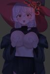  1girl absurdres blue_archive braid breasts covering_breasts covering_privates embarrassed eri_(blue_archive) halo hat highres large_breasts long_hair open_mouth sabnak66 shirt topless_female undershirt witch_hat 