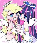  2girls angel angel_wings aqua_eyes blonde_hair blue_hair bow colored_inner_hair earrings gochii_tears hair_bow halo highres holding_hands hoop_earrings jewelry multicolored_hair multiple_girls official_alternate_costume panty_&amp;_stocking_with_garterbelt panty_(psg) pink_hair siblings sisters stocking_(psg) traditional_halo two-tone_hair white_halo white_wings wings 