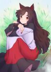  1girl absurdres animal_ears arm_hair arms_on_knees asymmetrical_bangs black_trim blue_sky brown_eyes brown_hair commentary crossed_wrists dress feet_out_of_frame fingernails floating_hair frilled_dress frills grass highres imaizumi_kagerou knees_up long_fingernails long_hair long_sleeves neold parted_lips red_dress red_nails sitting sky solo tall_grass touhou tree two-tone_dress untranslatable_commentary very_long_hair white_dress wide_sleeves wolf_ears wolf_girl 
