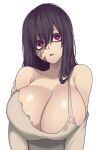  1girl bare_shoulders black_hair breasts burn_scar camui_kamui cleavage collarbone hair_between_eyes head_tilt highres huge_breasts long_hair looking_at_viewer original parted_lips red_eyes scar shiny shiny_skin simple_background solo torn_clothes upper_body white_background 