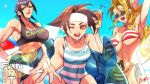  3girls abs aviator_sunglasses ayuhara_natsu ball beach beachball bikini black_bikini black_hair blonde_hair blue_sky breasts brown_eyes brown_hair burning_isaka cleavage cloud commentary_request covered_navel cup day drinking_straw earrings flipped_hair green_eyes gun hand_on_own_hip handgun headband highres holding holding_cup inflatable_toy jewelry justice_gakuen kasugano_sakura large_breasts long_hair looking_at_viewer multiple_girls muscular muscular_female navel ocean one-piece_swimsuit one_eye_closed open_mouth outdoors ponytail reaching reaching_towards_viewer red_bikini short_hair side-tie_bikini_bottom sky small_breasts smile striped_bikini striped_clothes striped_one-piece_swimsuit sunglasses swimsuit tankini tiffany_lords tinted_eyewear tomboy toned wakaba_hinata weapon white_headband 