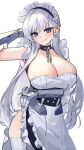  1girl absurdres apron arm_guards azur_lane bare_shoulders belfast_(azur_lane) black_dress blue_eyes blush braid breasts broken broken_chain chain cleavage collar dress frilled_gloves frills gloves half_up_braid highres large_breasts licking_lips long_hair looking_at_viewer maid_headdress marumai smile solo thighhighs tongue tongue_out waist_apron white_apron white_hair white_thighhighs 