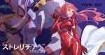  1girl 1other bodysuit breasts candy character_name chinese_text contrapposto cowboy_shot darling_in_the_franxx english_text eyeliner floating_hair food gradient_background green_eyes hairband highres holding horns impossible_bodysuit impossible_clothes lance lollipop long_hair looking_at_viewer makeup mecha mecha_pilot_suit medium_breasts open_mouth parasite_suit_(darling_in_the_franxx) pink_hair polearm purple_background red_bodysuit red_eyeliner red_horns robot sbao simple_background skin_tight smile strelizia weapon white_hairband zero_two_(darling_in_the_franxx) 