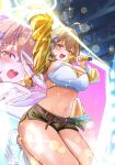  1girl anis_(nikke) anis_(star)_(nikke) arm_up bandeau bare_shoulders blush breasts brown_eyes brown_hair cat_hair_ornament cat_ornament chest_strap cleavage clothing_cutout da_kuronikorasu fingerless_gloves gloves goddess_of_victory:_nikke green_shorts hair_ornament highres holding holding_microphone idol idol_clothes large_breasts long_sleeves looking_at_viewer microphone midriff navel official_alternate_costume open_mouth short_hair short_shorts shorts shoulder_cutout shrug_(clothing) side_slit side_slit_shorts single_fingerless_glove smile solo thick_thighs thighs white_bandeau yellow_shrug 