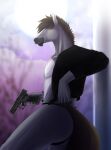  anthro arrteen belly black_clothing black_jacket black_muzzle black_topwear black_underwear brown_eyes brown_hair clothing dallas_prairiewind equid equine fur glock_19 grey_body grey_fur gun hair handgun hi_res horse jacket looking_at_viewer male mammal markings pistol ranged_weapon solo thick_thighs thong topwear underwear weapon white_belly white_markings 