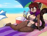  anthro beach beach_towel beach_umbrella beverage bikini breasts cleavage clothed clothing cooler domestic_cat facial_piercing felid feline felis female hair mammal nose_piercing nose_ring piercing seaside solo swimwear umbrella zyria 