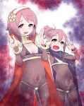  2girls :d alternate_costume black_nails bodystocking breasts cape cleavage commentary_request corruption covered_navel covered_nipples dark_mage_(fire_emblem_awakening) double_w eyes_of_grima female_kana_(fire_emblem) fire_emblem fire_emblem_fates flat_chest gold_trim gradient_background grey_eyes hairband hands_up happy heart heart-shaped_pupils looking_at_viewer mother_and_child mother_and_daughter multiple_girls nail_polish parent_and_child pelvic_curtain pink_eyes pink_hair pubic_tattoo pubic_tattoo_visible_through_clothes purple_cape purple_nails pussy_juice red_trim sakura_(fire_emblem) sasakimuu see-through_clothes small_breasts smile symbol-shaped_pupils tattoo two-tone_cape w white_hairband 