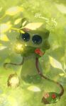  1boy black_eyes claws colored_skin commentary dandy's_world day english_commentary facial_mark fewer_digits film_grain flower from_above full_body goob_(dandy's_world) green_skin green_theme highres instagram_username leaf light_particles limmysky long_arms looking_at_viewer looking_up male_focus no_eyebrows no_nose official_alternate_color official_alternate_costume official_alternate_skin_color outdoors overlighting pout red_flower roblox solo sparkle standing watermark whisker_markings 
