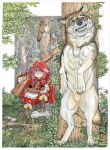  1girl animal antique_firearm behind_tree big_bad_wolf blue_eyes blunderbuss blush_stickers boots braid branch brown_boots cape commentary_request day firelock flintlock forest freckles grass gun hand_on_own_knee hiding highres holding holding_gun holding_weapon honjo_kei hood hood_up hooded_cape knee_up little_red_riding_hood_(fairy_tale) little_red_riding_hood_(fairy_tale_character) looking_at_viewer medium_hair musket nature open_mouth outdoors over_shoulder pantyhose pink_hair rearing red_cape red_skirt rock shirt signature skirt smile squirrel standing sweat thick_eyebrows traditional_media tree twin_braids uneven_footing weapon weapon_over_shoulder white_pantyhose white_shirt wolf 