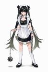  1girl absurdres apron ball_and_chain_(weapon) black_dress black_eyes black_hair black_shoes closed_mouth collared_dress commentary_request dress full_body highres holding iwonu long_hair looking_at_viewer maid maid_apron maid_headdress original shoes short_sleeves simple_background socks solo spiked_ball_and_chain standing twintails very_long_hair weapon white_background white_socks wrist_cuffs 