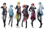  6+boys :d ahoge amptakxcolors animal_ear_piercing animal_ears antenna_hair apple_hair_ornament aqua_nails arm_at_side belt black_belt black_choker black_hair black_jacket black_nails black_pants black_shirt black_streaks blazer blonde_hair blonde_streaks blue_cardigan blue_eyes blue_hair blue_necktie bousuke_(bou_ningen) brown_shoes cardigan choker closed_mouth clothes_around_waist collared_shirt colored_inner_hair commentary_request copyright_notice crossed_ankles curtained_hair dog_boy dog_ears earrings flower_earrings food-themed_hair_ornament full_body gradient_hair green_eyes hair_between_eyes hair_ornament hairband hand_in_pocket hand_on_own_chest hand_on_own_hip hand_up heart heart_ahoge heterochromia highres hood hoodie jacket jacket_around_waist jacket_over_hoodie jewelry knight_a lapis_(meteorites) light_akarui lineup loafers long_sleeves looking_at_viewer male_focus meteorites_(stpr) monk_shoes multicolored_hair multiple_boys nail_polish necktie official_art open_cardigan open_clothes open_collar open_jacket orange_eyes orange_necktie pants parted_bangs parted_lips pendant_choker pigeon-toed plaid_clothes plaid_necktie plaid_pants pretz_(amptakxcolors) purple_eyes red_hair red_hairband red_hoodie red_jacket red_necktie red_sweater_vest rinu_(stpri) salute sample_watermark school_uniform shirt shirt_partially_tucked_in shirt_tucked_in shoes short_hair simple_background single_off_shoulder smile sneakers standing strawberry_prince streaked_hair sweater_vest swept_bangs tigusakun_(amptakxcolors) untucked_shirt utaite v-shaped_eyebrows vau_(utaite) wallet_chain watch watermark white_background white_shirt white_shoes wristwatch yellow_eyes 