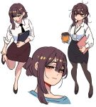  1girl bags_under_eyes black_necktie black_pantyhose black_skirt brown_hair brown_skirt cup disposable_coffee_cup disposable_cup dress_shirt folder holding holding_cup holding_folder id_card long_hair multiple_views necktie office_lady open_collar orange_eyes original pantyhose pencil_skirt ponytail royal_tea shirt simple_background sketch skirt updo white_background white_shirt 