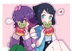  2girls absurdres apple applin black_hair black_shorts blue_eyes blush closed_mouth commentary_request dot_(pokemon) eyelashes food fruit hair_ornament hair_over_eyes hairclip heart highres holding jacket liko_(pokemon) long_sleeves multicolored_hair multiple_girls open_clothes pants pink_hair pokemon pokemon_(anime) pokemon_(creature) pokemon_horizons purple_eyes purple_hair shirt short_hair shorts spoken_heart tank_top toumei_4869 white_shirt yuri 